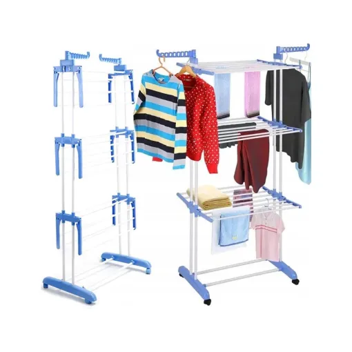 Suszarka na pranie na kółkach 3-poziomowa składana niebieska SUSZA-02